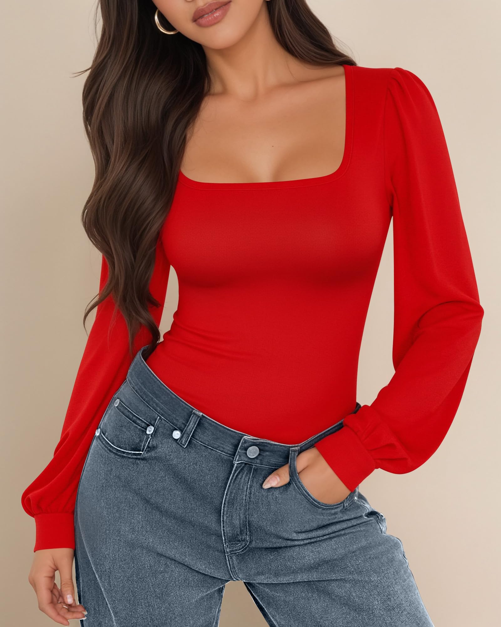 Women's Square Neck Long Sleeve Puff Balloons Bodysuit