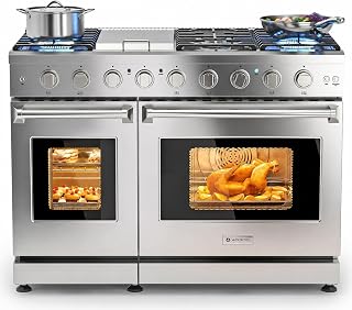 AAOBOSI 48 Inch Professional Freestanding Double Gas Range Ovens, 93,000BTU | 7.8 Cu.ft Large Capacity Double Convection Ovens, 7 Sealed Burners Plus Iron Grill Center Griddle Burner,NG/LP,CSA Certified