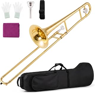 B Flat Tenor Trombone for Beginners,Gold Finish | Slide Trombone Kit with Shoulder Strap, Cleaning Cloth and Gloves for School Band Students