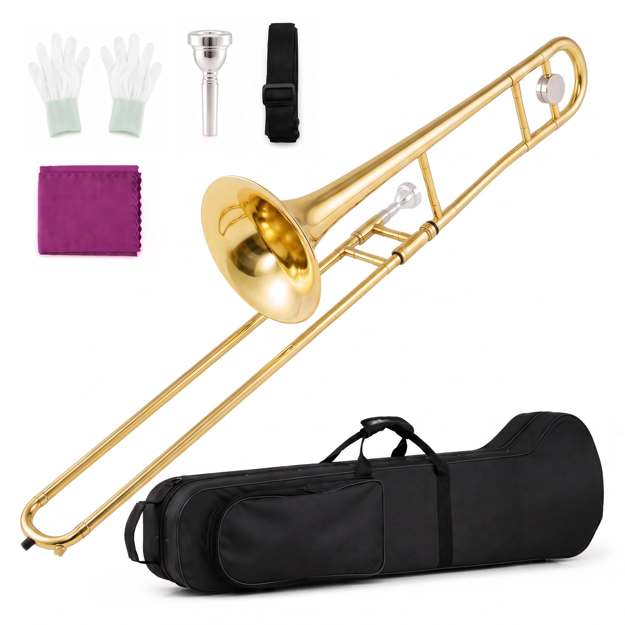 B Flat Tenor Trombone for Beginners,Gold Finish | Slide Trombone Kit with Should
