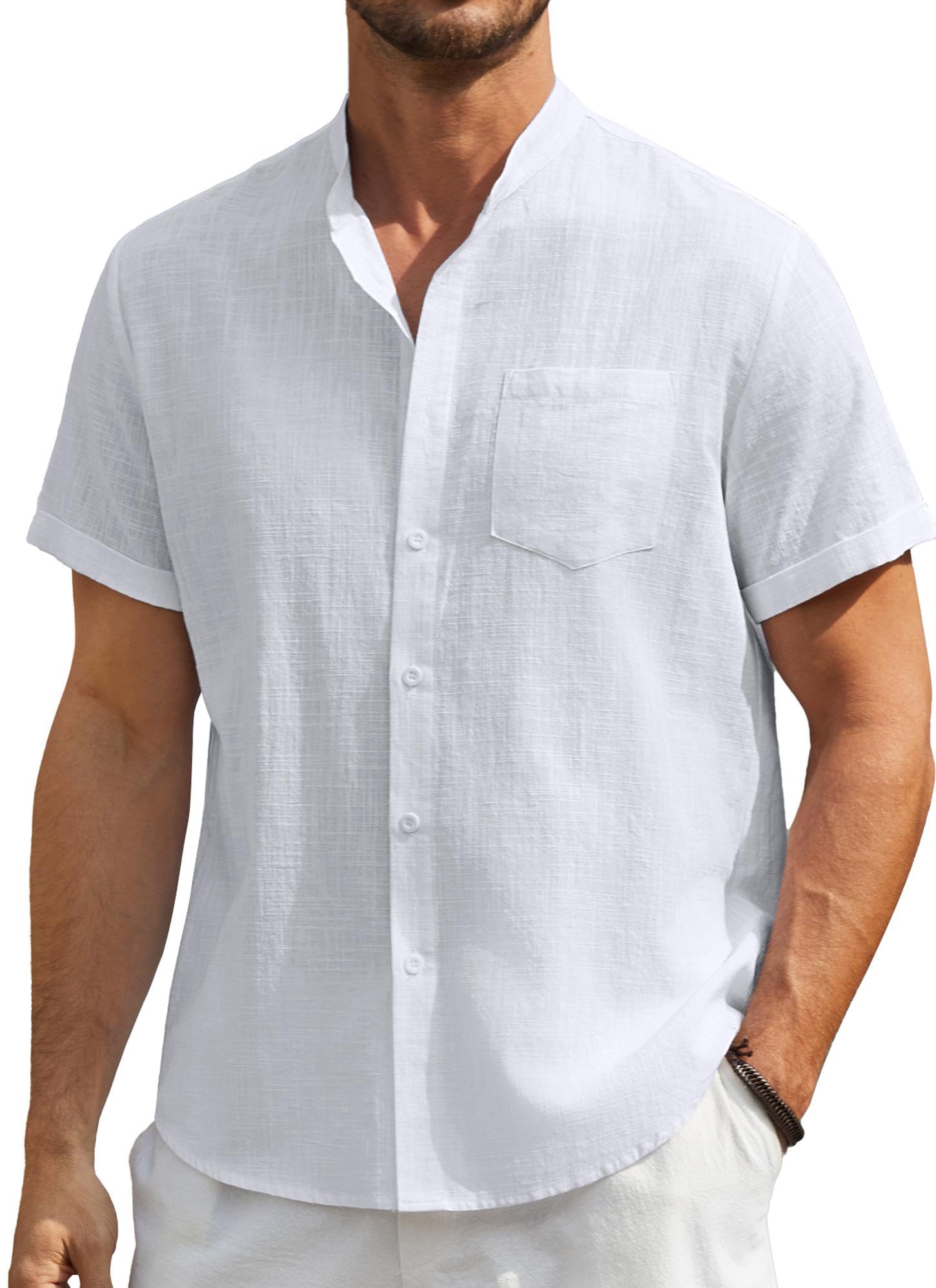 Enlision Linen Shirt Short Sleeve Shirt Men Casual Collarless Summer Henley Shir