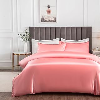 Morbuy Satin Duvet Cover Set Single - Silky Bedding Set for Hair and Skin Care, Luxury Silk Feel Aesthetic Pink Bedding with 2 Pillowcases, Durable 105GSM High-Density Fabric, 135x200cm