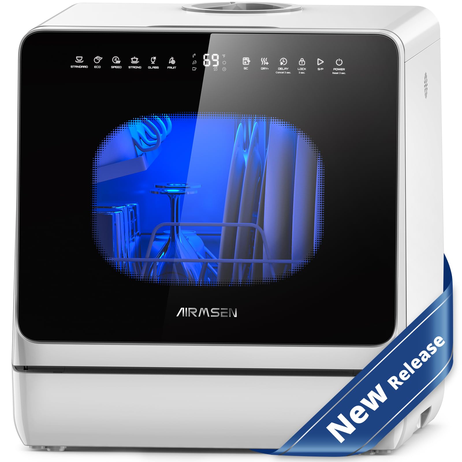 AIRMSEN Countertop Dishwasher with Built-in Water Tank & Softener | 8 Wash Progr