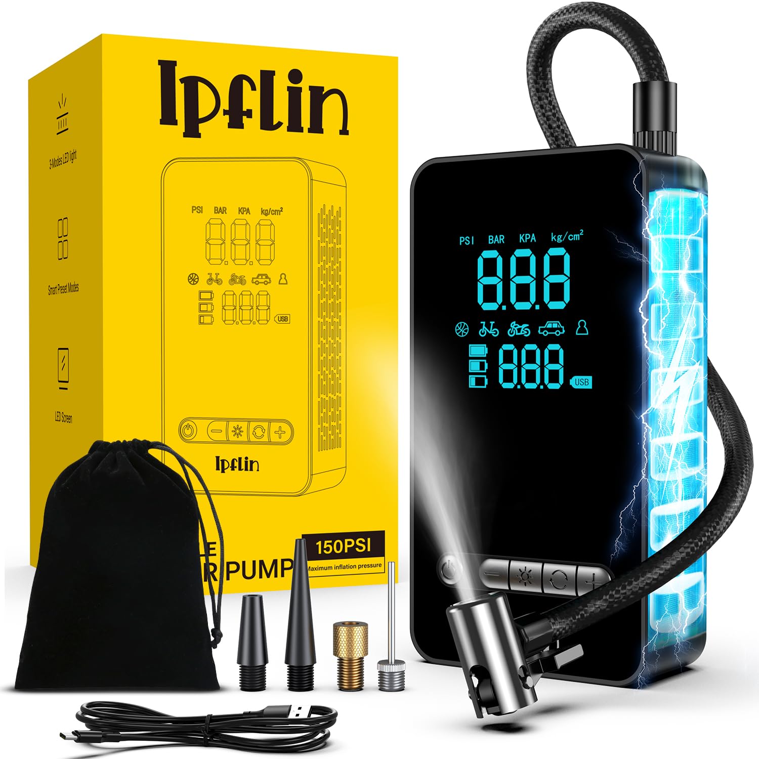 150PSI Portable Air Compressor - All-In-One Electric Inflator with LCD | LCD dis