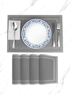 Placemats for Kitchen Dining Table Set of 4,Heat Resistant Non-Slip Washable Woven Vinyl Placemats Easy Clean Double with Frame (Silver Black)