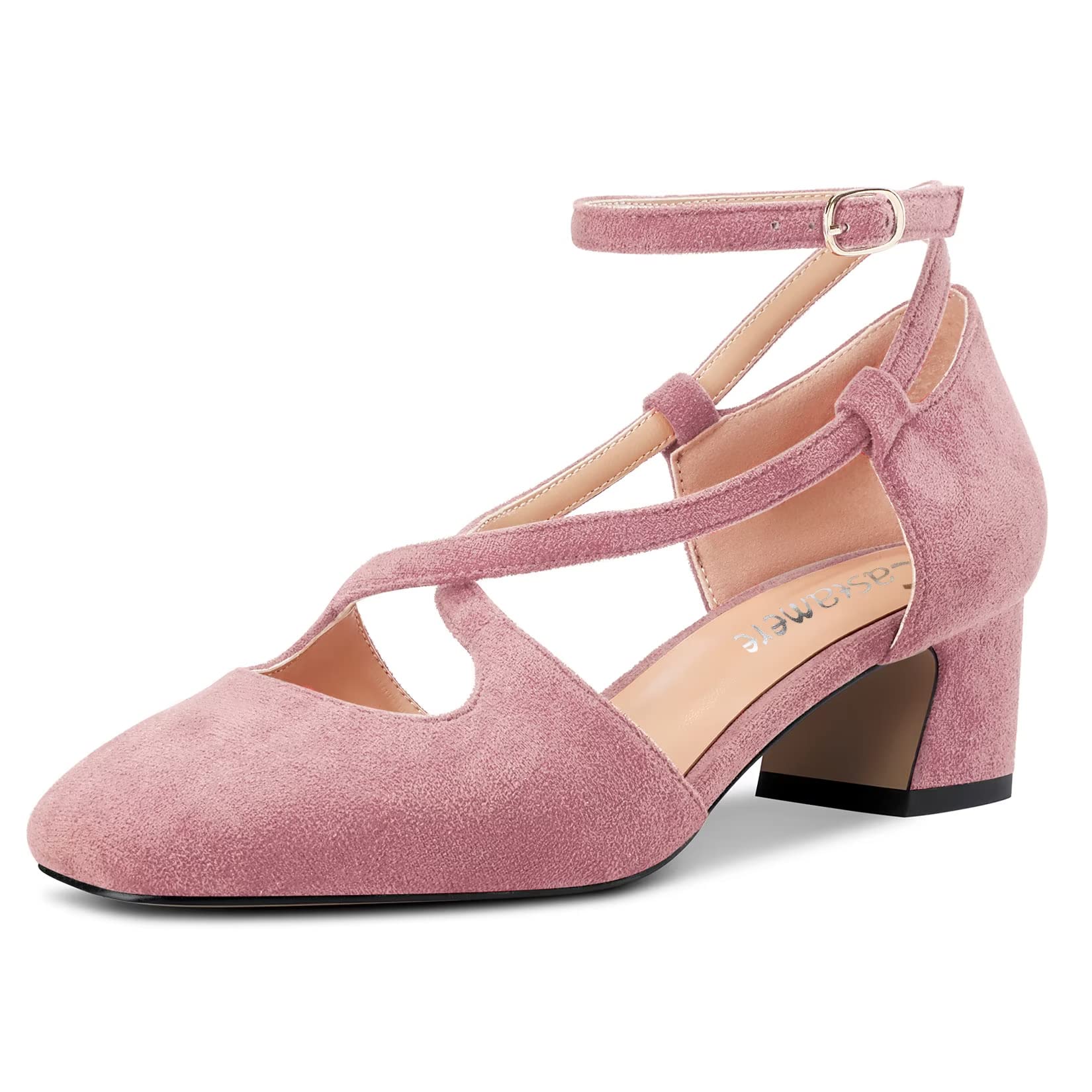 Castamere Women Medium Chunky Wide Heel Square Toe Cross Strap Pumps Party Cute 
