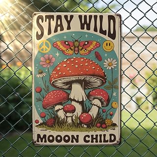 "Stay Wild Moon Child" Poster with Butterflies and Mushrooms, Rustic Aluminum Wall Art and Metal Sign - 10.5 x 7 Inches, Vintage Indoor Outdoor Decor for Home, Office