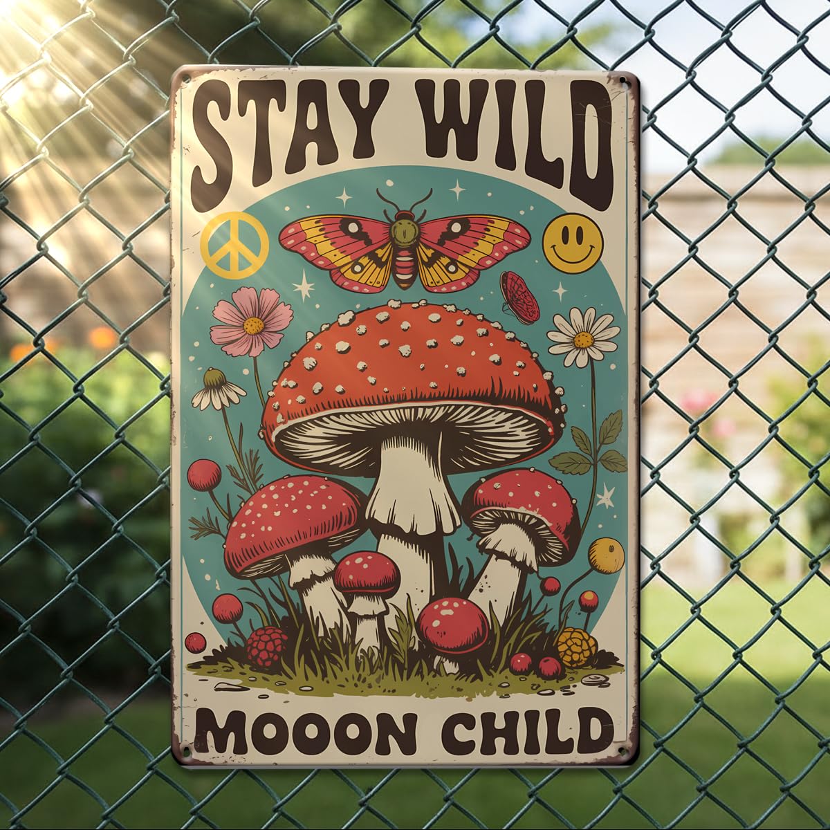 "Stay Wild Moon Child" Poster with Butterflies and Mushrooms, Rustic Aluminum Wa