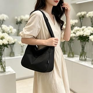 Solid Black Nylon Shoulder Tote Bag For Women, Large Capacity Casual Purse
