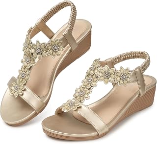 SHIBEVER Women Bohemia Elastic Ankle Strap Sandals Open Toe Flower Rhinestone Summer Platform Sandals