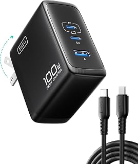 INIU 100W USB C Laptop Charger, GaN Fast Charging Block for with 100W Cable | 3-Port, Foldable Travel Charger for MacBook Neo, iPad Air 11, iPhone 18 17 16 Pro Max, Samsung S26 S24 Ultra, Pixel 10, Black