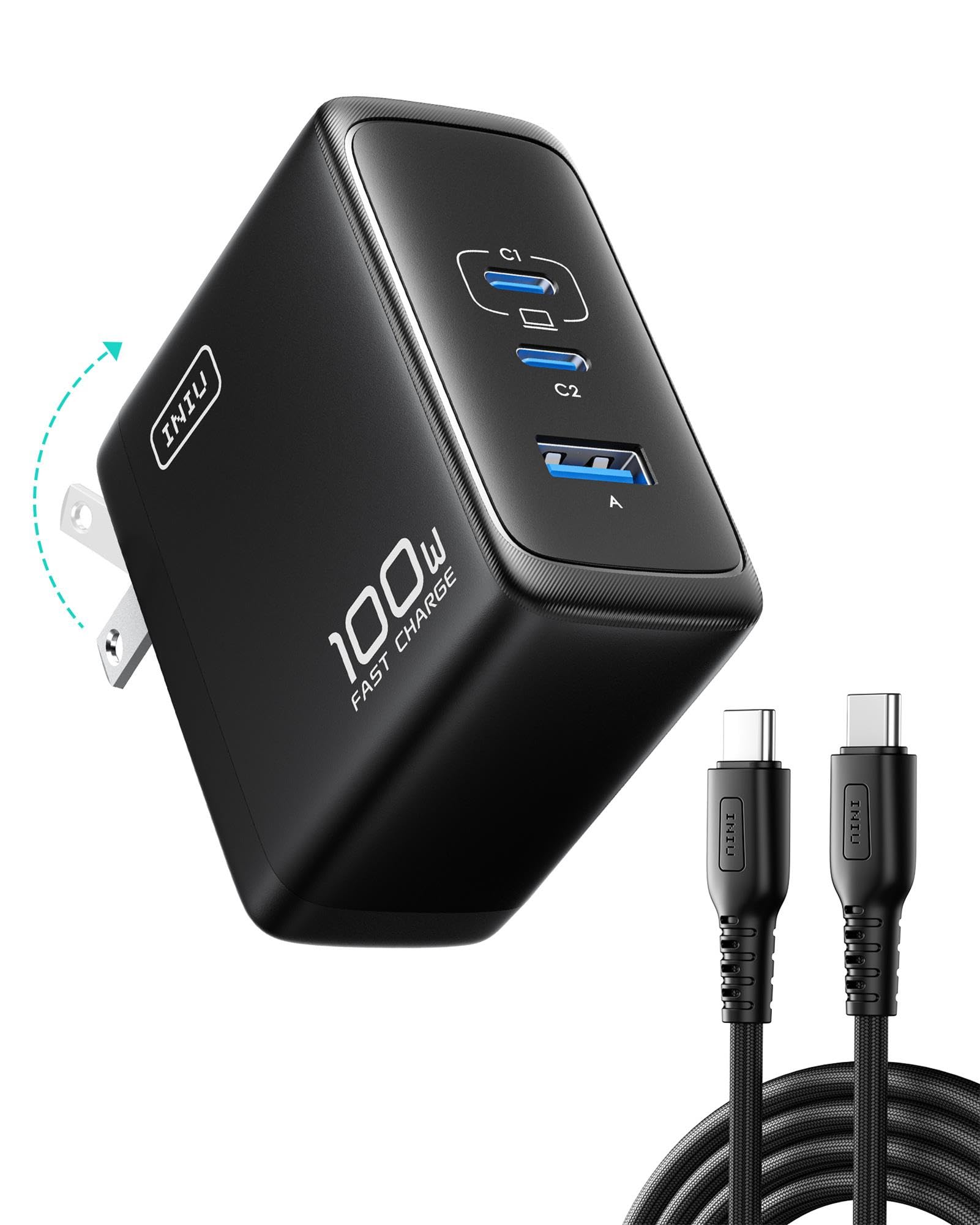 INIU 100W USB C Laptop Charger, GaN Fast Charging Block for with 100W Cable | 3-
