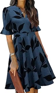 Mokayee Women's Summer Dress V-neck Short Sleeve Ruffle Knee Length Church Wedding Guest Dress with Pockets
