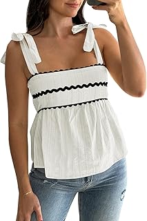 Women's Cute Tank Top Summer Casual Peplum Babydoll Square Neck Tie Strap Backless Shirt