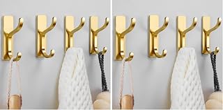 pickpiff Gold Self Adhesive Hooks for Hanging - Heavy Duty Stick On (Holds 6KG), Wall Door Hooks for Towel, Coats, Bags, Purse, Keys - for Bathroom, Kitchen - Stainless, Metal, 8 Pack