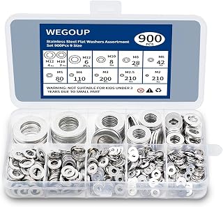 WEGOUP 900 Pcs Stainless Steel Flat Washers for Screws, Assorted Sizes | M2 M2.5 M3 M4 M5 M6 M8 M10 M12 | For Industrial Use | Metal Washers | Washers for Bolts