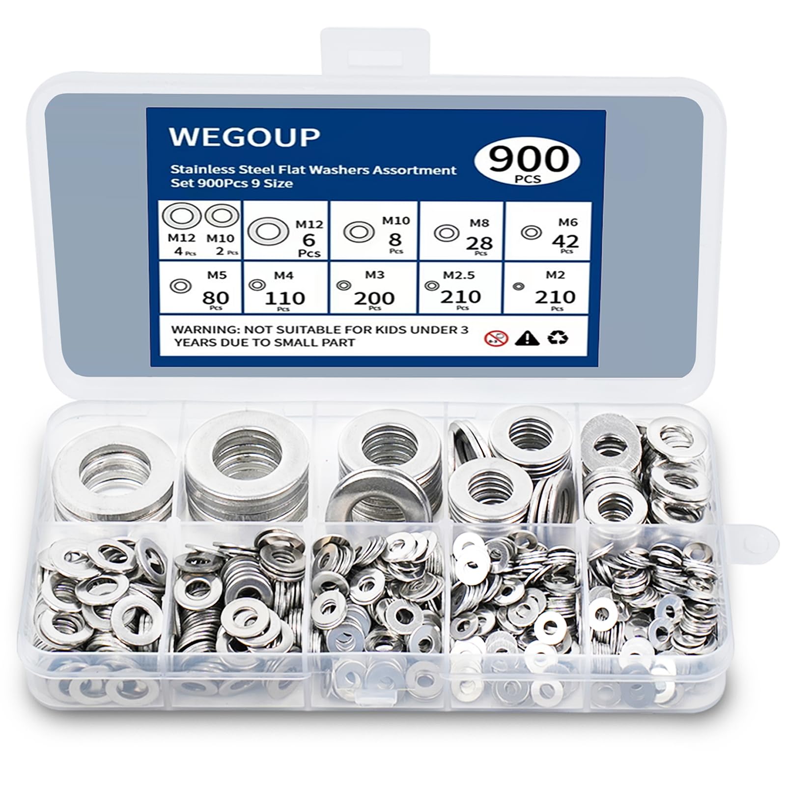 WEGOUP 900 Pcs Stainless Steel Flat Washers for Screws, Assorted Sizes | M2 M2.5
