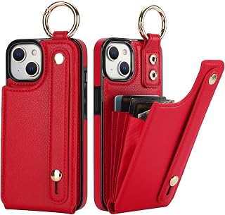 Folosu for iPhone 15 Wallet Case with Card Holder, Hand Wrist Strap Loop Holder Kickstand, RFID Blocking Finger Grip Ring PU Leather Double Buttons Shockproof Cover 6.1 Inch Red
