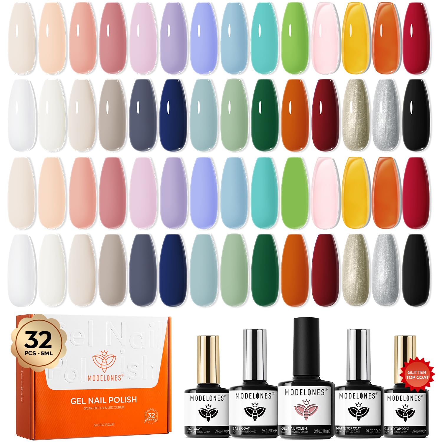 modelones Gel Nail Polish Set Nude Glitter 32PCS 28Colors Pink Blue Green