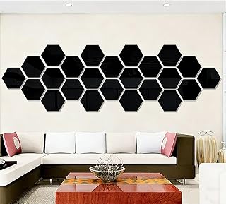 10 Pieces Wall Stickers with Mirror, Hexagon Mirror Art for Home Decor, Self Adhesive Acrylic Tiles for Living Room and Bedroom (Small Black, 46 x 40 x 23 mm)