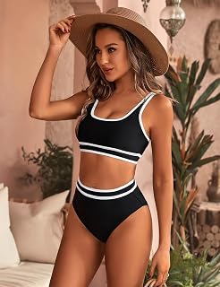 Women’s High Waisted Bikini Set - Sporty Color Block Two Piece Swimsuit Cheeky High Athletic Bathing Suit