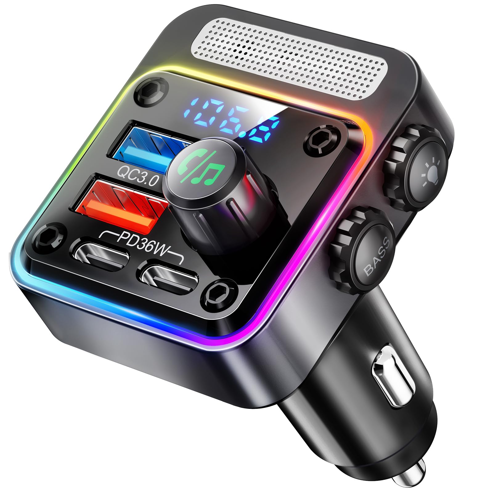 Nulaxy 54W Bluetooth 5.3 FM Transmitter, 4 Fast Charging Ports Car Adapter