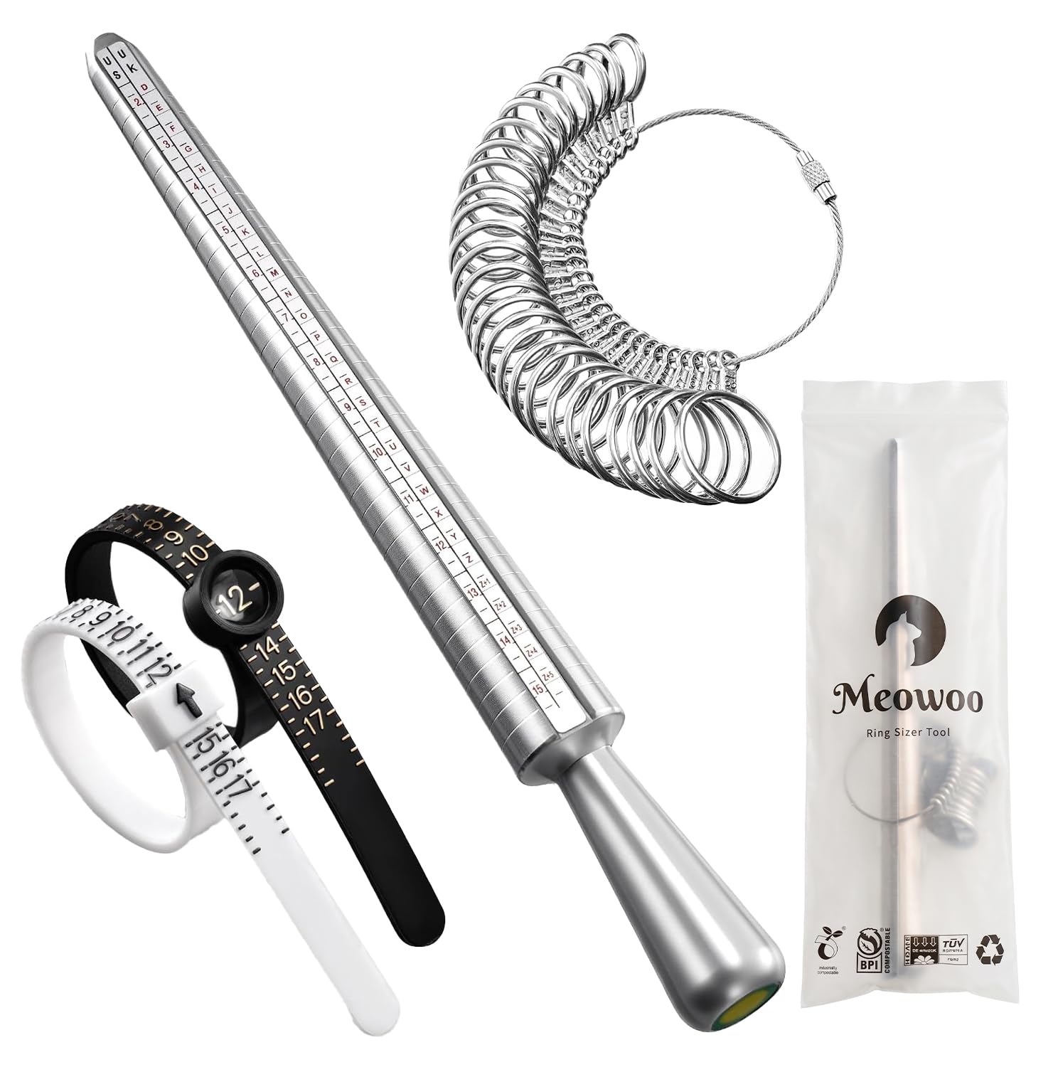 Meowoo Ring Sizer Measuring Tool Set | Ring Gauges with Finger Sizer Mandrel, Ri