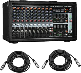 Behringer EUROPOWER PMP2000D 2000-Watt 14-Channel Powered Mixer, Bundle With 2x H&A 25' XLR Microphone Cables