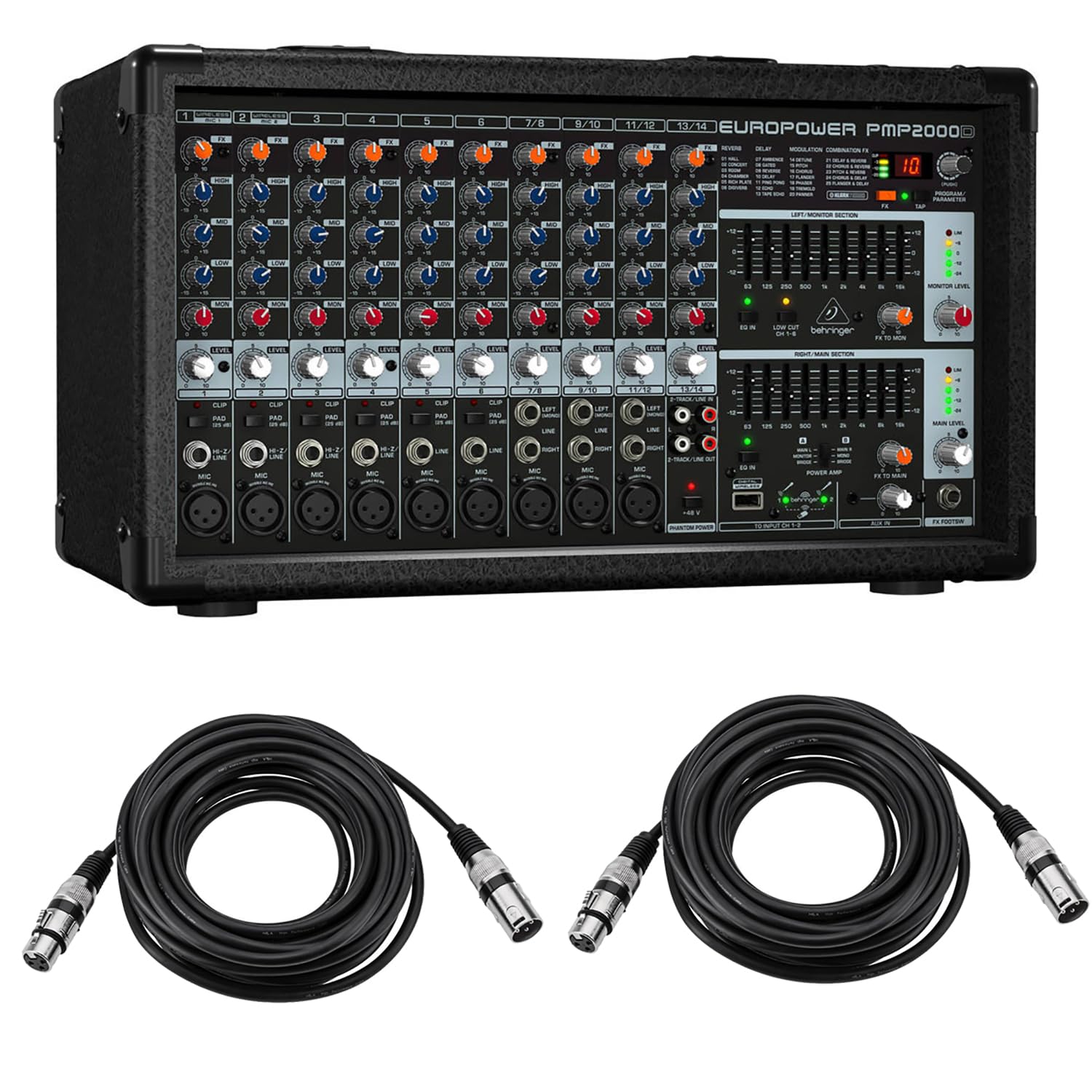Behringer EUROPOWER PMP2000D 2000-Watt 14-Channel Powered Mixer, Bundle With 2x 