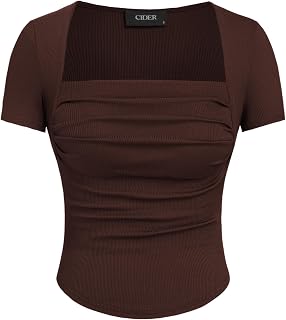 CIDER Going Out Tops Square Neck Ruched Short Sleeve Slim Fit Tee Shirt Basic Casual Tops for Women
