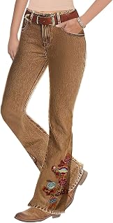 Flamingals Women's Floral Embroidery Mid Waist High Stretch Bootcut Jeans