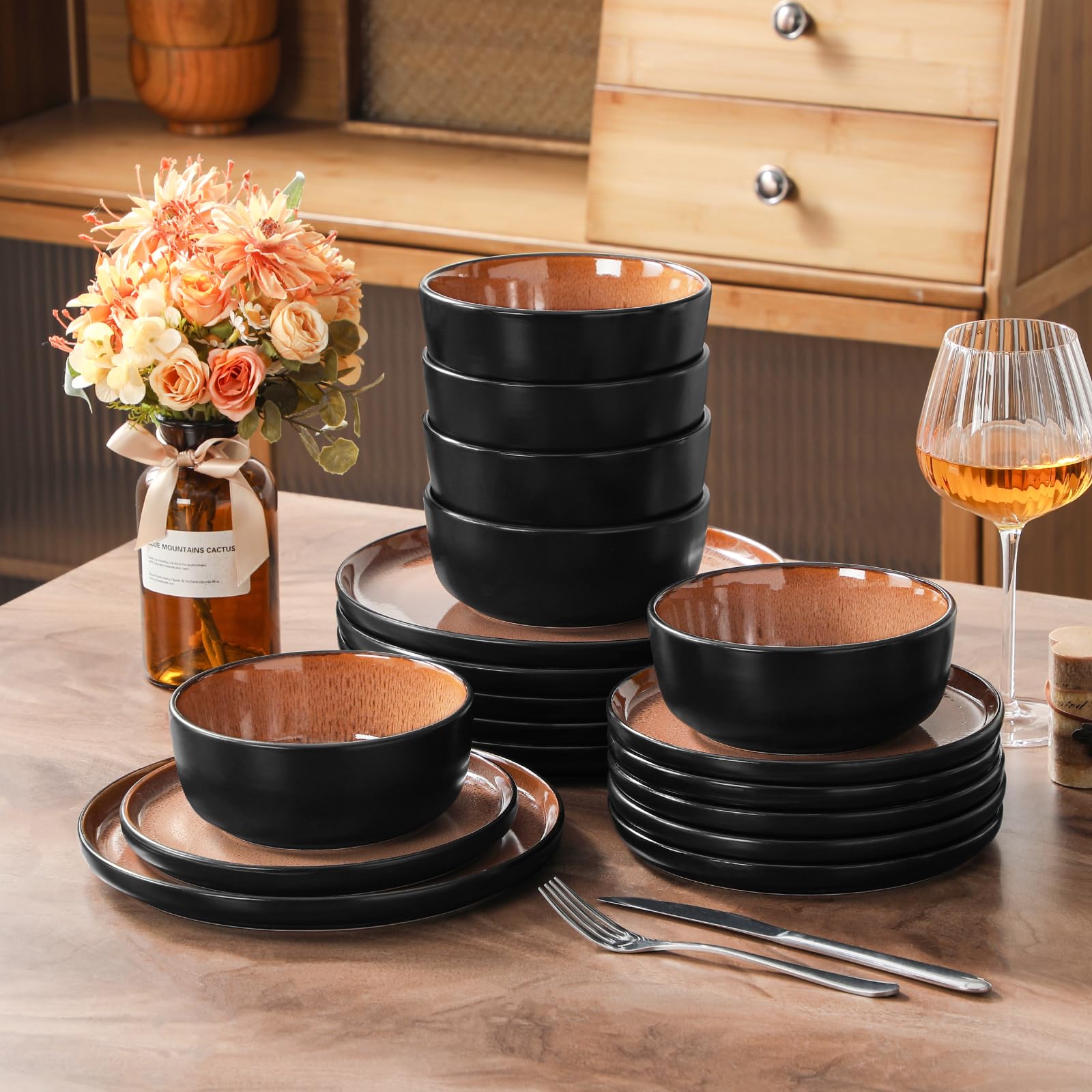vancasso Plates and Bowls Sets, 18 Pieces Stoneware Dinnerware Sets for 6, Kitch