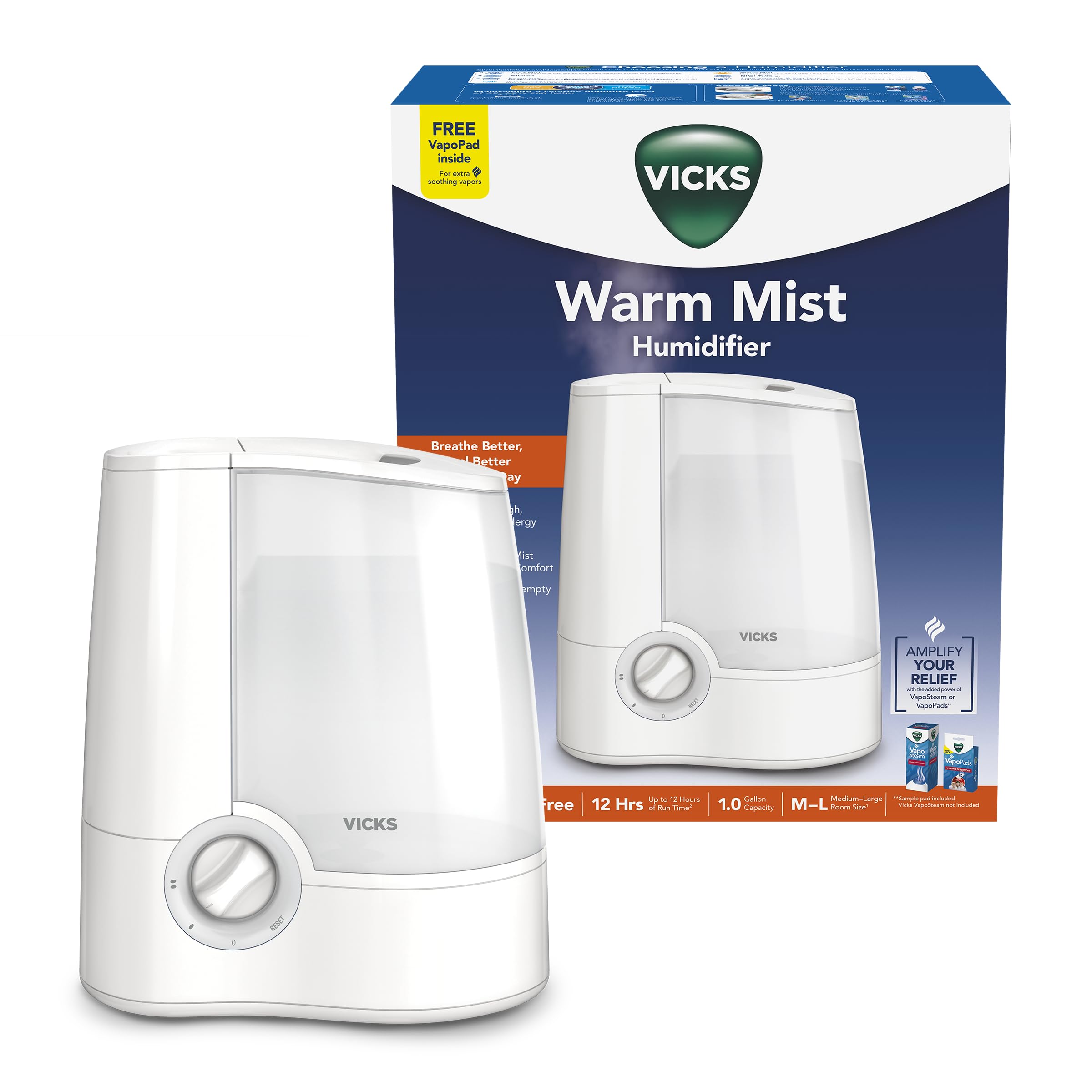 Vicks Warm Mist Humidifier for Medium to Large Rooms, 1 Gal Tank | Filter-free h
