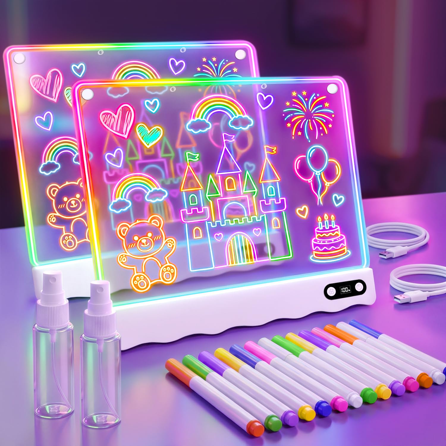 2 Pack Rechargeable LED Light Drawing Board Toy for Kids, Holiday Gift Set | Scr
