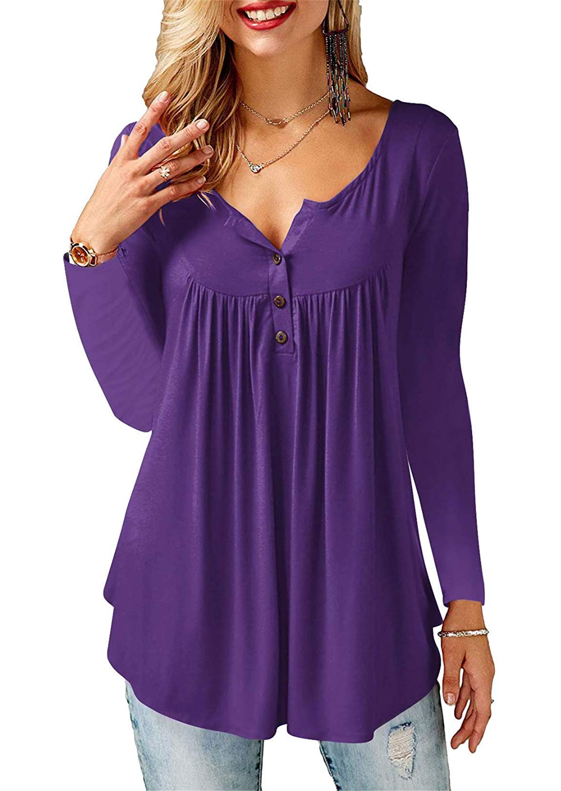 Beluring Women Casual V Neck Tops Long Sleeve Pleated Tunic Tops Shirts Blouse