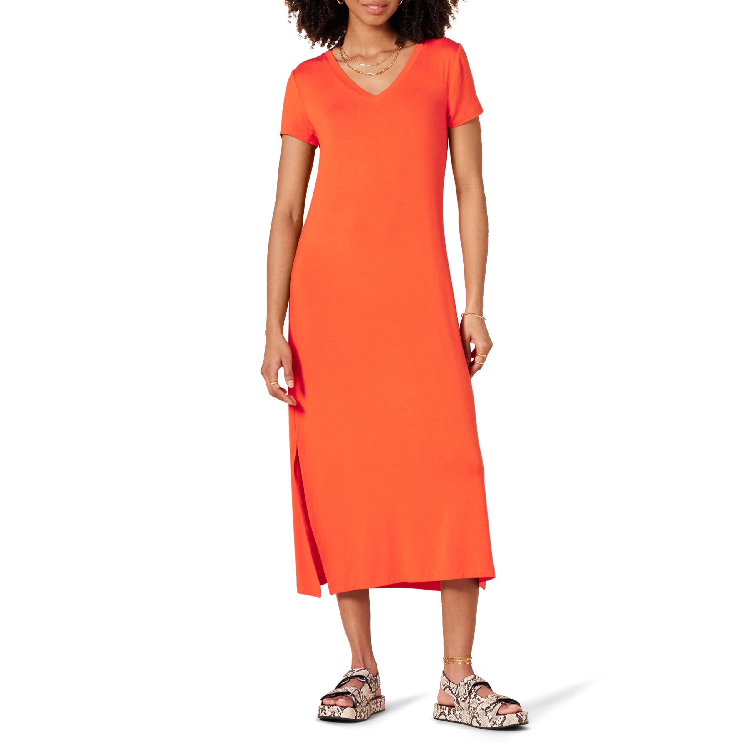 Amazon Essentials Women's V-Neck Short Sleeve Knit Midi Dress