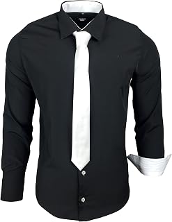 Subliminal Mode - Men's Long-Sleeved Shirt with Two-Tone Collar Plain + Black Tie Shirt Slim Fit Business Easy Iron RN77