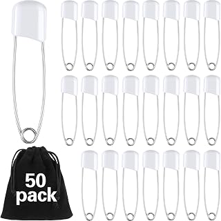 WILLBOND 50 Pcs Large Safety Pins for Clothes,with Bag, White | Plastic Head with Locking Closures, Heavy Duty Nappy Pins Hooks, 2.2 Inch Fasteners, Stainless Steel, Velvet Bag