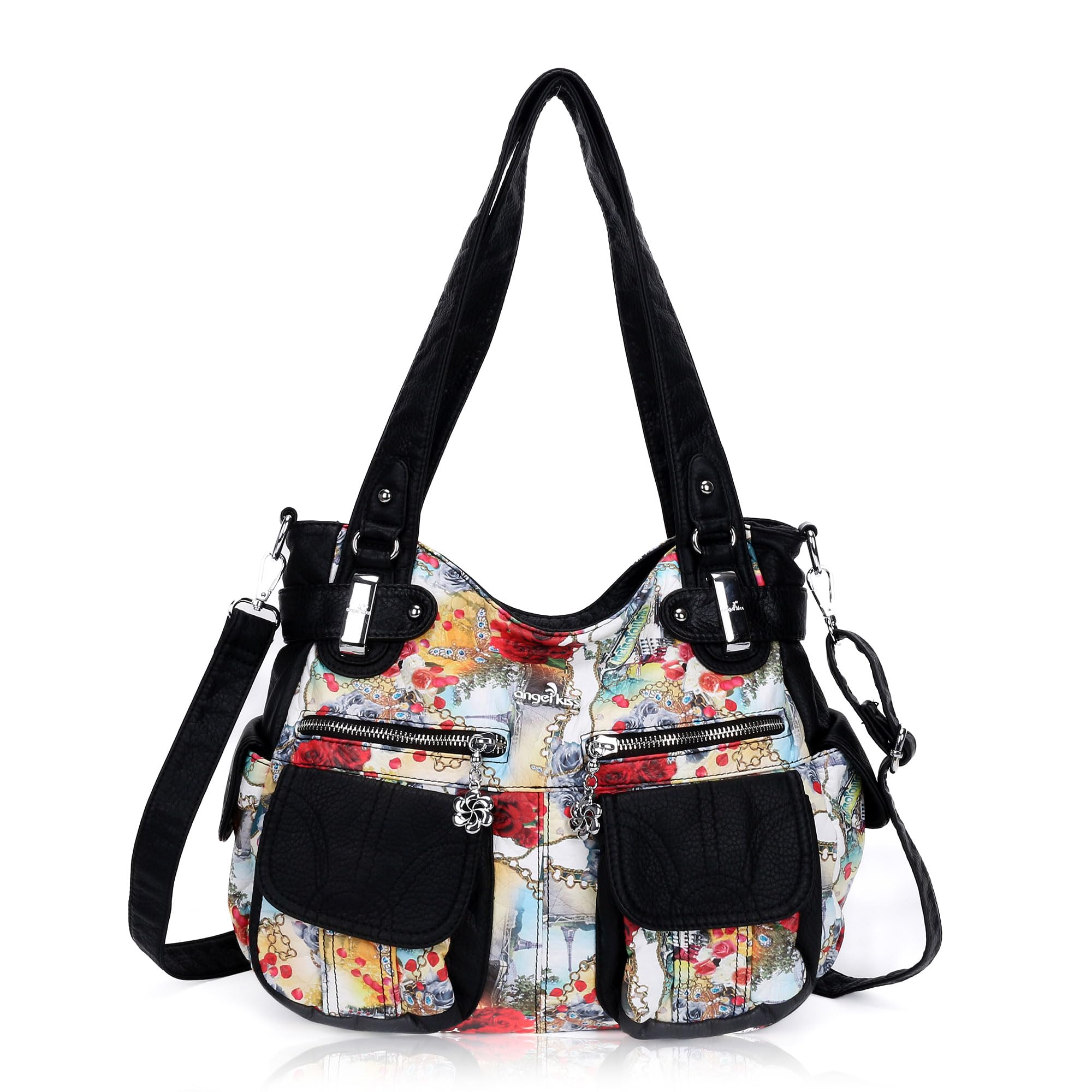Angel Kiss Women's Designer Handbag Large Double Zipper Multi Pocket Washed Leat