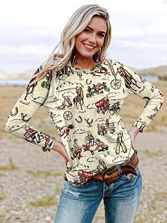 Women Western Cowboy Print Long Sleeve Tops Bohemian Sport Outdoor T-Shirt Casual Loose Tops