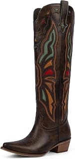 Modatope Cowboy Boots for Women Knee High Chunky Heel Butterfly Cowgirl Boots Wide Calf Pointed Toe Chunky Heel Fashion Western Boot