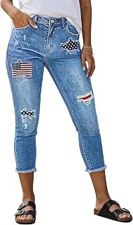 Flamingals Mid Rise Capri Skinny Jeans for Women Wash Crop American Flag Pattern Ripped Raw Hem Casual Denim Jeans