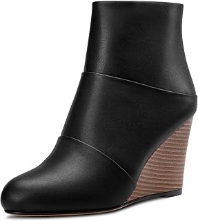 HDEUOLM Women's High Wedge Heel Closed Round Toe Ankle Boots 8.5 cm Heels Slip-on Zip Cute Shoes