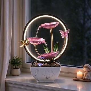 Pink Indoor Table Top Indoor Relaxation Water Fountain, Waterfall, Small Fountains with LED Lights Zen Meditation Fountains.