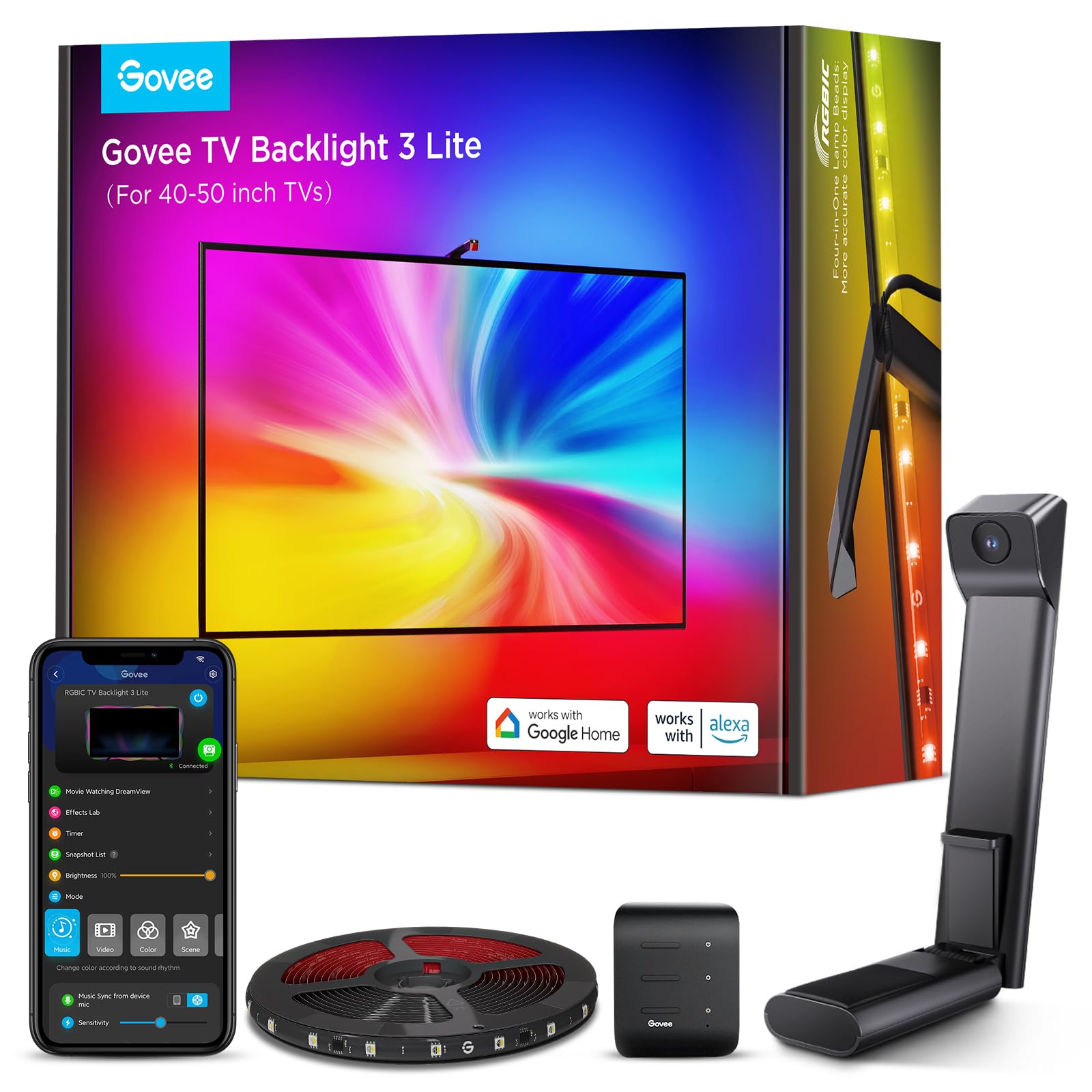 Govee TV Backlight 3 Lite 2.4m for 40-50 Inch TVs | Built-in Camera with Fisheye