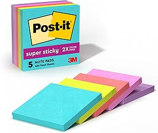 Post-it Super Sticky Notes, 3 x 3 in, Supernova Neons, 5 Pads | School Supplies and Oﬃce Supplies, 2X the Sticking Power