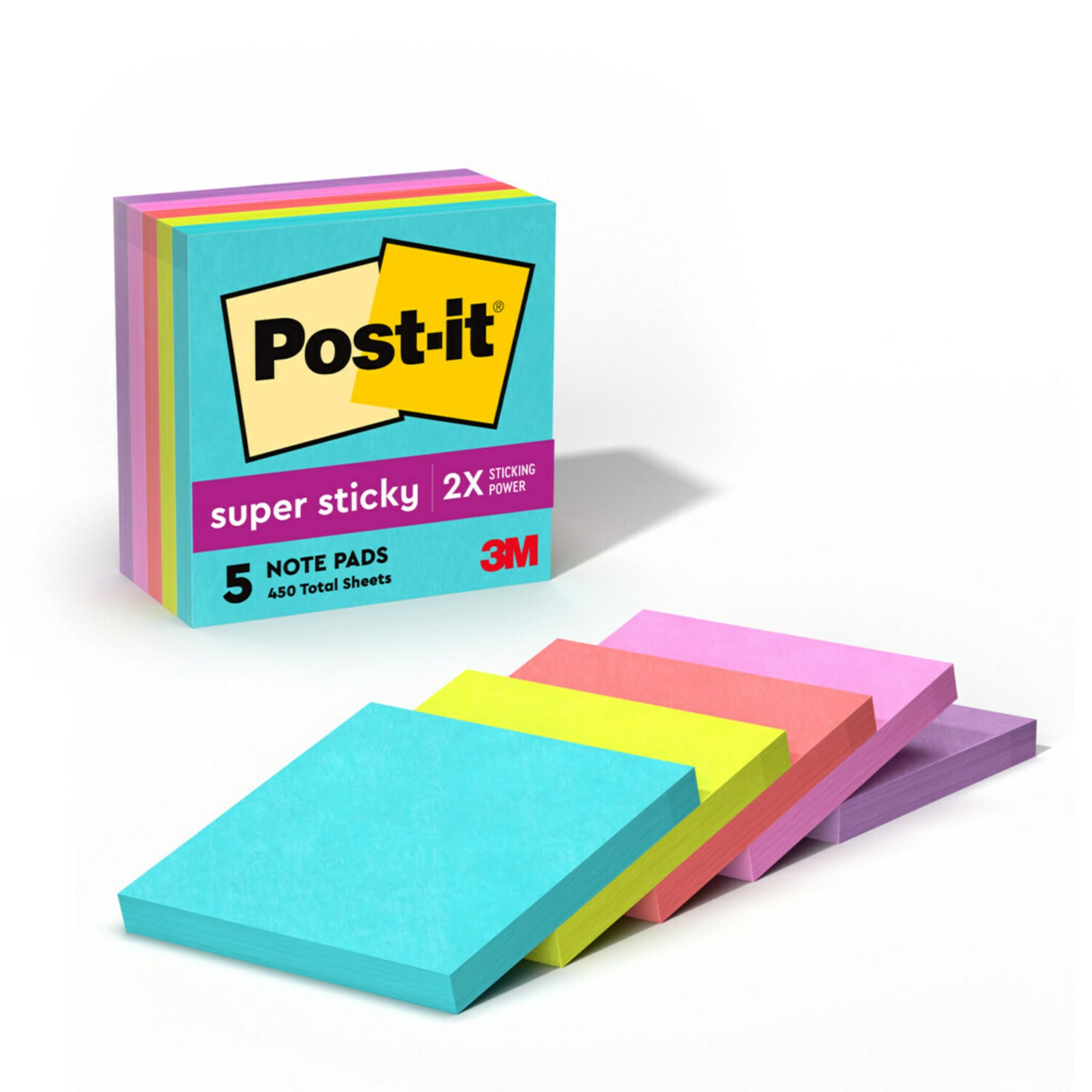Post-it Super Sticky Notes, 3 x 3 in, Supernova Neons, 5 Pads | School Supplies 