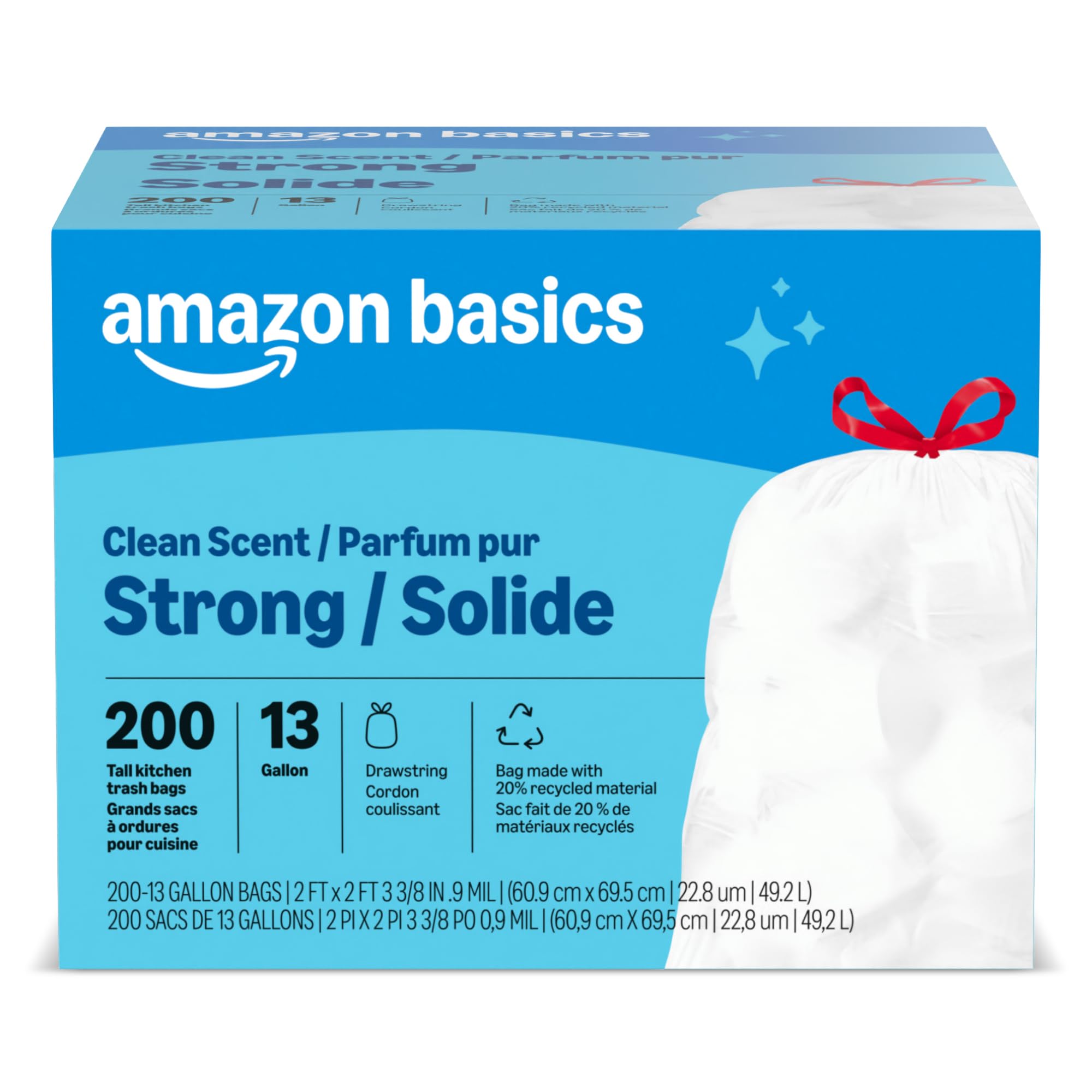 Amazon Basics Scented Trash Bags, Tall Kitchen Drawstring, Clean Scent, 13 Gallo