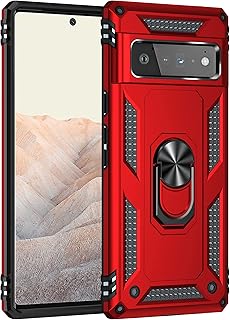 Korecase Phone Case for Google Pixel 6 Pro Heavy Duty Rugged Full Body Shockproof Screen Protection Built-in Finger Ring Kickstand Military Armor Scratch Proof Bumper Hard Back Cover Red