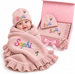 Personalized Baby Blankets Custom Baby Blanket with Knit Beanie Gift Sets